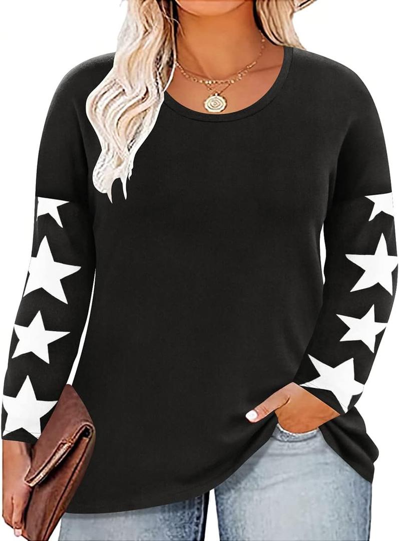 CARCOS Womens Plus Size Shirts Long Sleeve Black Star Tops Crewneck Casual Fall Blouses Casual Loose Fit Pullover Tunic 2Xl 18W 20W