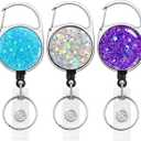3 Pack Retractable Carabiner Badge Holder, FadyRaye Badge Reel with Belt Clip for Nurse Teacher Name Card Keychain [Bling Cute Design 27" Nylon Wire Cord] (Carabiner Silver Blue Purple)