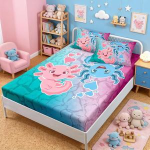 HOSIMA Axolotl Bedding Set Pink and Blue Axolotl Pattern Kawaii Twin Fitted Sheet Set for Kids Bedroom Decor,1 Fitted Sheet+2 Pillowcases