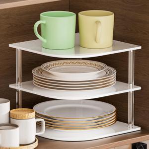 Plate Organizer for Cabinet Space Saver - Acrylic Corner Shelf for Dishes, Bowls, 3-Tier Kitchen Countertop Cabinet Organization, Dinner Plates Holder, and Small Shelf for Bathroom Storage - White