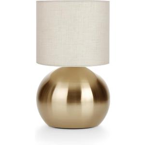 Modern Golden Small Table Lamp with Cotton Linen Shade, 10.4-inch LED Desk Light, One-Button Switch for Bedroom, Living Room, Nightstand, Includes Warm Light Bulb