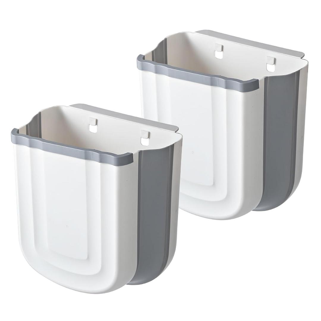 Soddeph Collapsible Hanging Trash Can for Kitchen Cabinet Door, 9L Plastic Foldable Waste Bin, 2.4 Gallon Small Wall Mounted Garbage Bin for Kitchen, Bathroom, Bedroom Countertop (Gray+Gray)