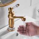 Antique Brass Bathroom Faucet Elegant Bathroom Sink Faucet Single Hole Cold and Hot Water Basin Sink Vintage Style (Gold Blue and White Porcelain)