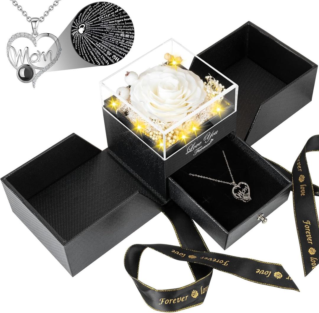 Gifts for Mom from Daughter and Son, Unique Mothers Day Birthday Gift Idea, Preserved White Real Roses with I Love You in 100 Languages Mom Necklace, Cool Present to Mother Mama -White