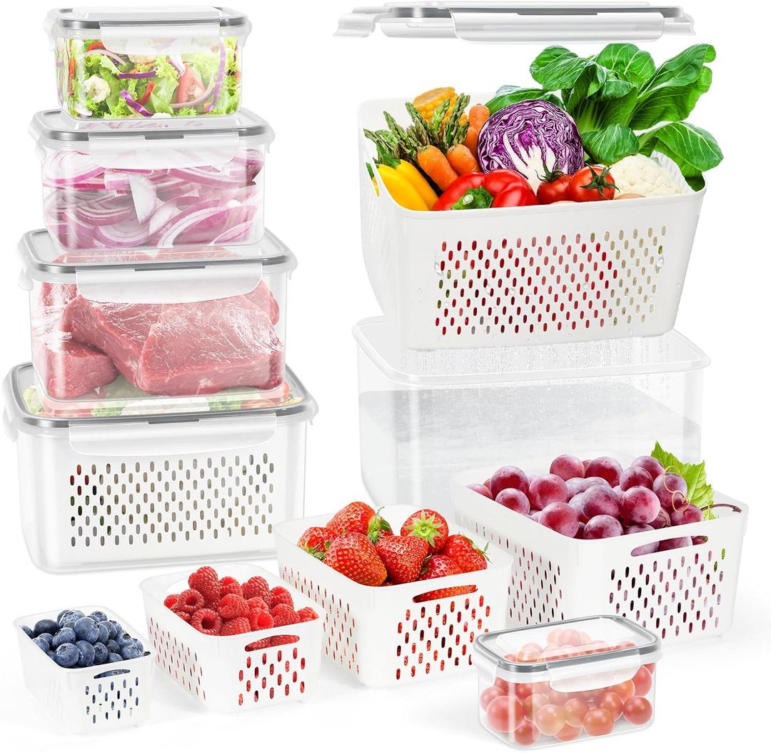 12 Pieces Fruit Storage Containers For Fridge, BPA-Free Fresh Food Containers with Removable Colanders and Airtight Lids, Keep Fresh for Fruit Berry Produce Vegetable, Dishwasher & Microwave Safe ((Clear+White) 12 PS)