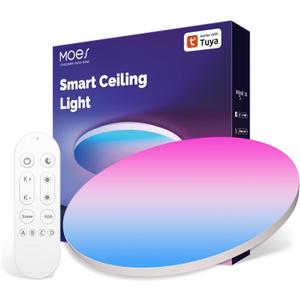 MOES Smart LED Ceiling Light, 2500LM WiFi Flush Mount, Color Changing Ambient Light Fixture, 3000K-6500K CW & RGB Dimmable, Smart Life App Remote Control, Compatible with Alexa/Google Home, 12 Inch