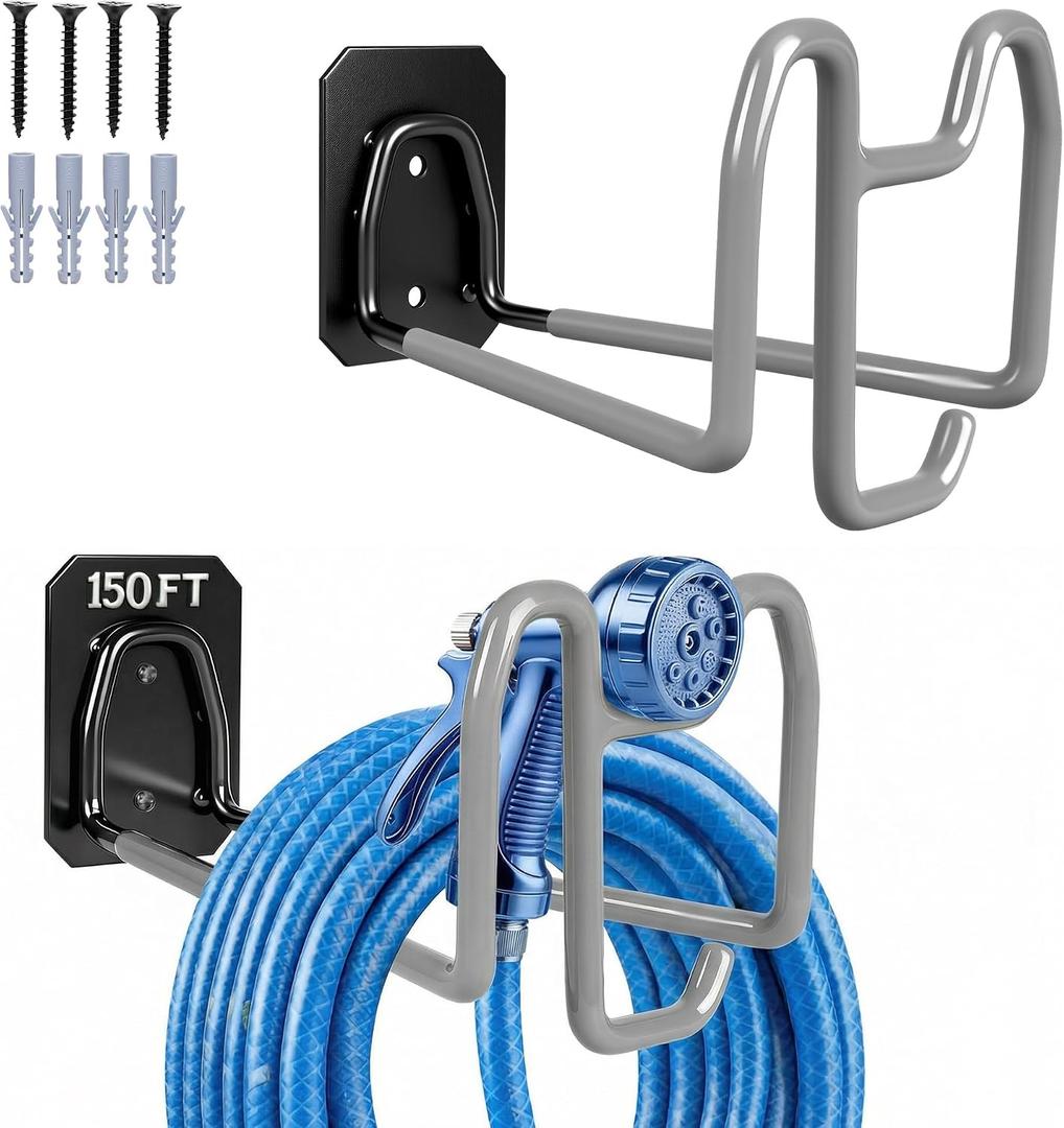 2pcs Garden Hose Holder with Tool Hook - Heavy Duty Water Hose Reel with Nozzle Storage Design, Wall Mount Hose Hanger Water Hose Holders for Outside Yard Storage