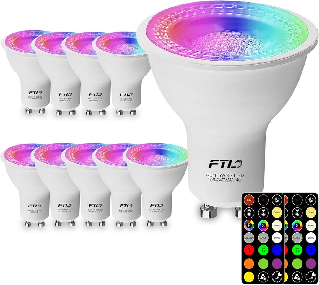 FTL GU10 LED Color Changing Light Bulb with Remote Control, RGB Dimmable Colored Light Bulbs 5W 40W Equivalent, 2700K-6000K 30 Colors, Timer, Spotlight Bulb for Track Recessed Lighting 10-Pack