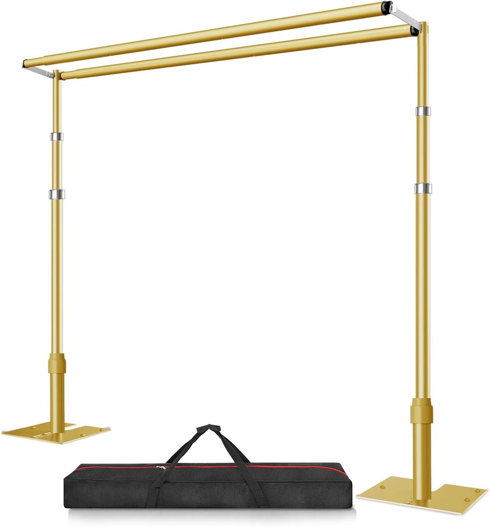 12x10ft Double Crossbar Pipe and Drape Stand Kit, Heavy Duty Backdrop Stand Adjustable, Sturdy Metal Back Drop Decoration Frame with Flat Base for Parties, Wedding,Trade Shows, Photo Shoot - Gold