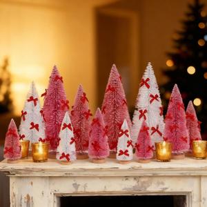 Soaoo 12 Pack Bottle Brush Christmas Trees with Bow 5 6 8 10 Inches Artificial Christmas Tree Decorations with Wood Base for Winter Snow Miniature Scene Tabletop Decor(White, Pink, Dark Pink)