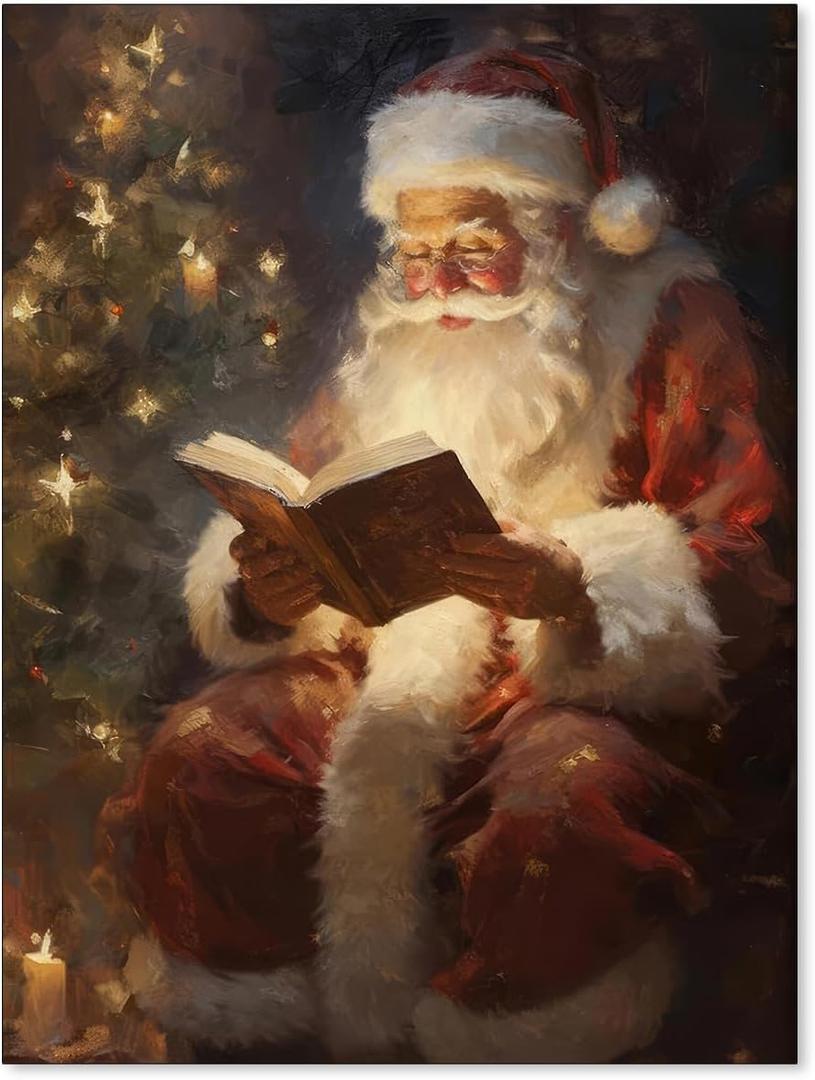 Vintage Christmas Canvas Wall Art - Santa Claus Reading Book Prints Pictures for Wall Decor - Christmas Posters Xmas Wall Decorations 12x16in Unframed for Home Office (16L" x 12W")