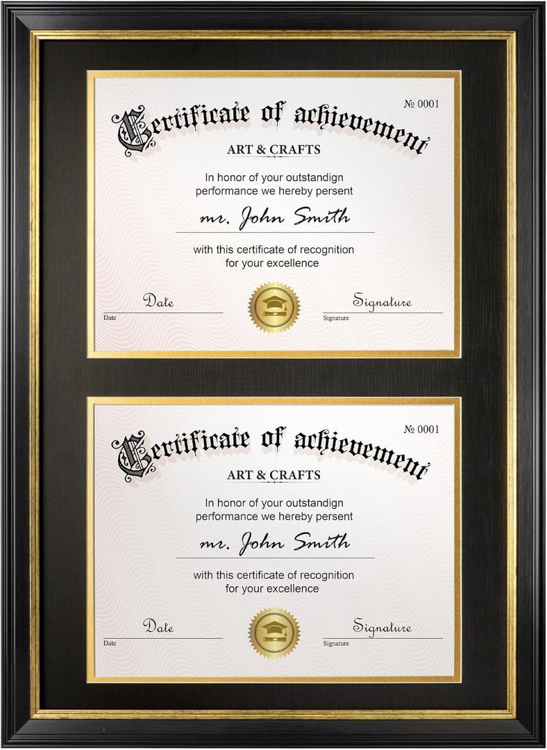 Yaetm Double Diploma Frame 14x20 with Mat for Two 8.5x11 Certificates/Degrees, Shatter-Resistant Real Glass, Acid-Free Black and Gold Mats, Black with Gold Rim Dual Diploma Frame for Graduation
