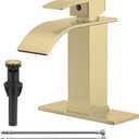 Brushed Gold Bathroom Sink Faucet Waterfall Single Hole Single Handle Lavatory Vanity Modern with Pop Up Drain with Overflow 1 or 3 Hole Deck Mounted Commercial Mixer Tap
