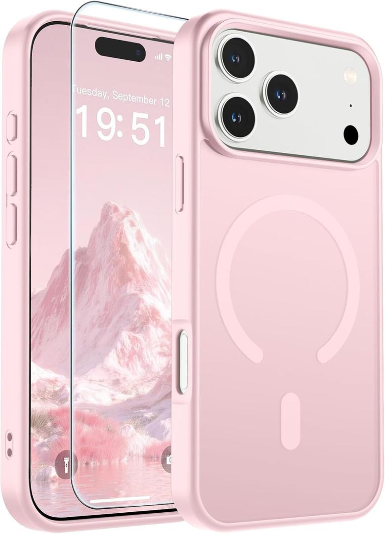 SUPFINE Magnetic for iPhone 17 Pro Max Case with Screen Protector (Compatible with MagSafe)(Military Grade Drop Protection) Translucent Matte Shockproof with Anti-Fingerprint Phone Cover,Light Pink