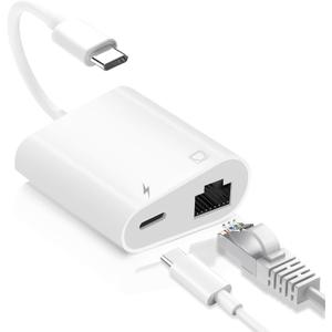 USB C to Ethernet Adapter, 2-in-1 USB C to RJ45 Ethernet Adapter with 60W Type C PD Charging Port Supports 100Mbps, LAN Network Compatible with iPhone 17/16/15, MacBook, Android