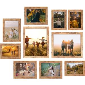 iRahmen Collage Picture Frames Set of 10, Wall Decor for Mounting or Tabletop Display, Family Photo Gallery Frame Set - Multi Sizes Including Two 8x10, Four 5x7, Four 4x6, HD Glass, Rustic Wood