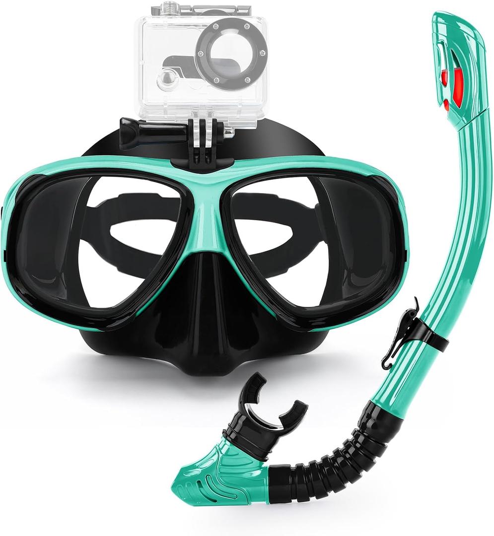 Snorkeling Gear for Adults Youth, Nearsighted Anti-Fog Diving Mask & Silicone Dry Snorkel for Scuba Diving Spearfishing Freediving, -5.0, Green