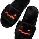 Halloween Pumpkin Cozy Slippers Spooky Comfy Autumn Winter Slippers, Fuzzy Plush Winter Indoor Outdoor (Black)