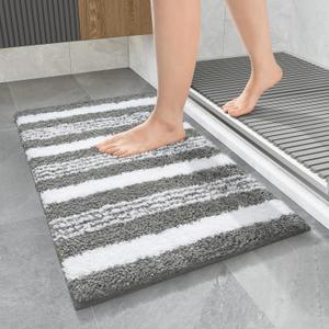 LOCHAS Bathroom Rugs, 24" x17" Bath Rug Non Slip Absorbent, Washable Microfiber Bathroom Mat Luxury Fluffy Soft, Shaggy Bath Mats for Shower Quick Dry, Grey