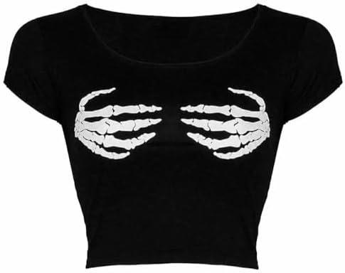 Women’s Halloween Skeleton Hand Print Tops – Strapless Tube, Cami Bra & Crop Tee – Gothic Party, Festival & Casual Outfits M