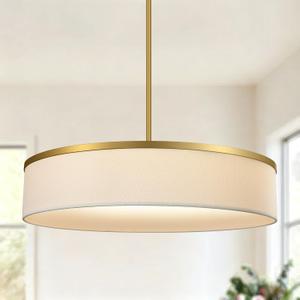 19.6 Inch Integrated LED Drum Chandeliers, 3000K Modern Fabric Pendant Light Fixture, White Linen and Gold Finish, Large Semi Flush Mount Lighting for Dining Room Bedroom Kitchen Entryway