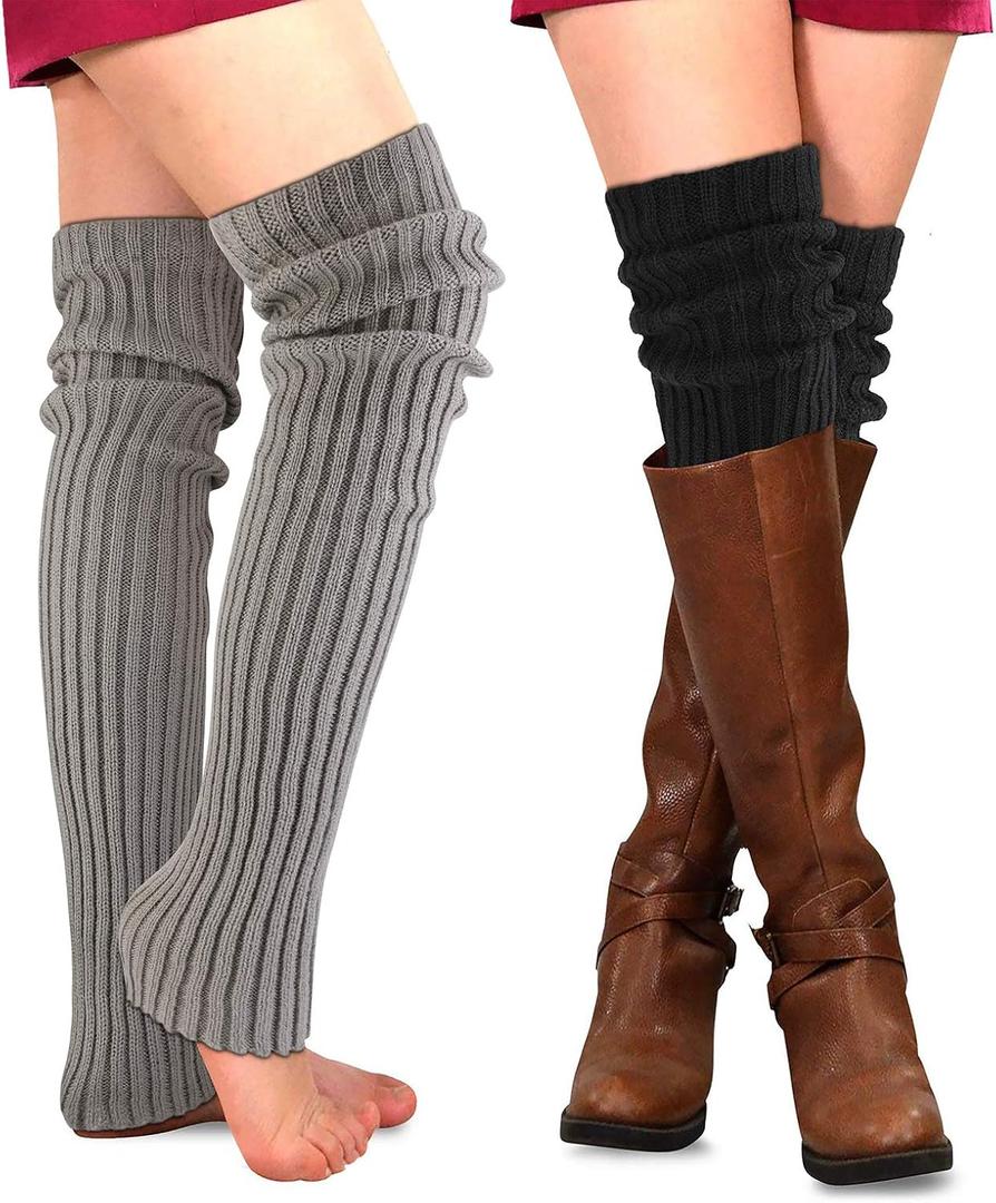 PHOGARY 2 Pairs Winter Leg Warmers Thigh High Socks Over Knee Footless Socks Knitted Long Boot Cuffs Topper Socks for Women (Black, Grey)