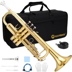 Eavnbaek Bb Standard Trumpet Set for Beginner or Advanced Student, Brass Student Trumpet Instrument with Hard Case, Cleaning Kit, 7C Mouthpiece and Gloves (Gold)