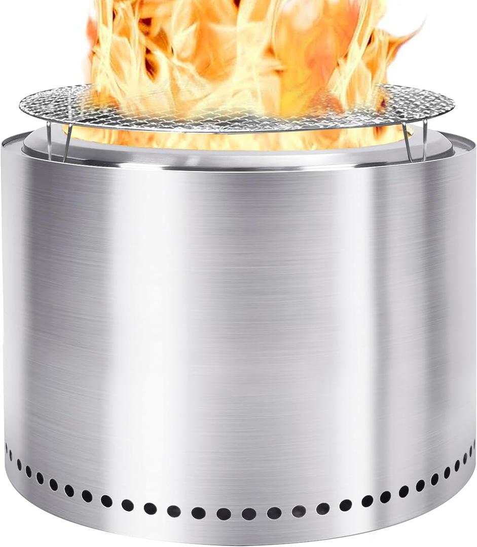Outdoor Smokeless Fire Pit 14"- Portable Bonfire 304 Stainless Wood Burning Fireplace with Grill and Removable Ash Pan, Ideal for Camping and Party (Silver, L)
