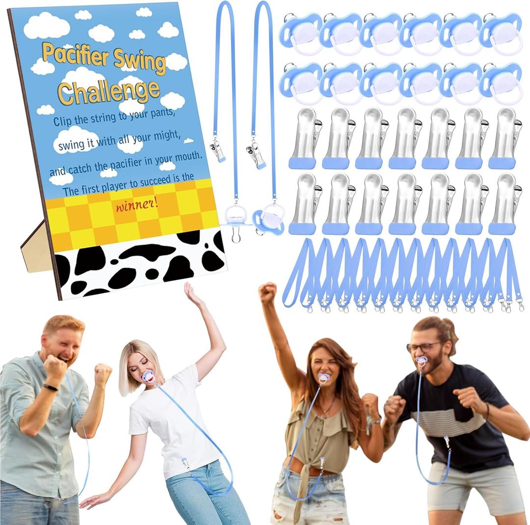 Geelin 12 Sets Swing Pacifier Baby Shower Games Funny Gender Reveal Games, Include 1 Wooden Sign and 12 Plastic Pacifiers for Bridal Baby Shower Gender Reveal Party Women Men(Story,Blue)