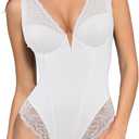 Popilush Lace Bodysuits for Women Tummy Control Body Suits Deep V Neck Thong Shapewear Going Out Corset Tops (X-Small, White)