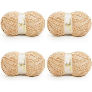 Velvet Chenille Yarn for Crocheting & Knitting 1440 Yards, Soft Thick Fluffy Bulky Blanket Yarn, 4 Pack of 10.5oz (Tan)