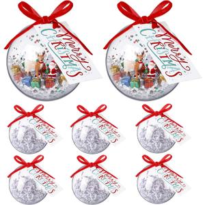 Soulchen 8 Sets Clear Plastic Fillable Ornaments 3.54 Inch Ornament Balls with Merry Christmas Tags Ribbon Raffia for Xmas Personalized Gifts DIY Holiday Decorations