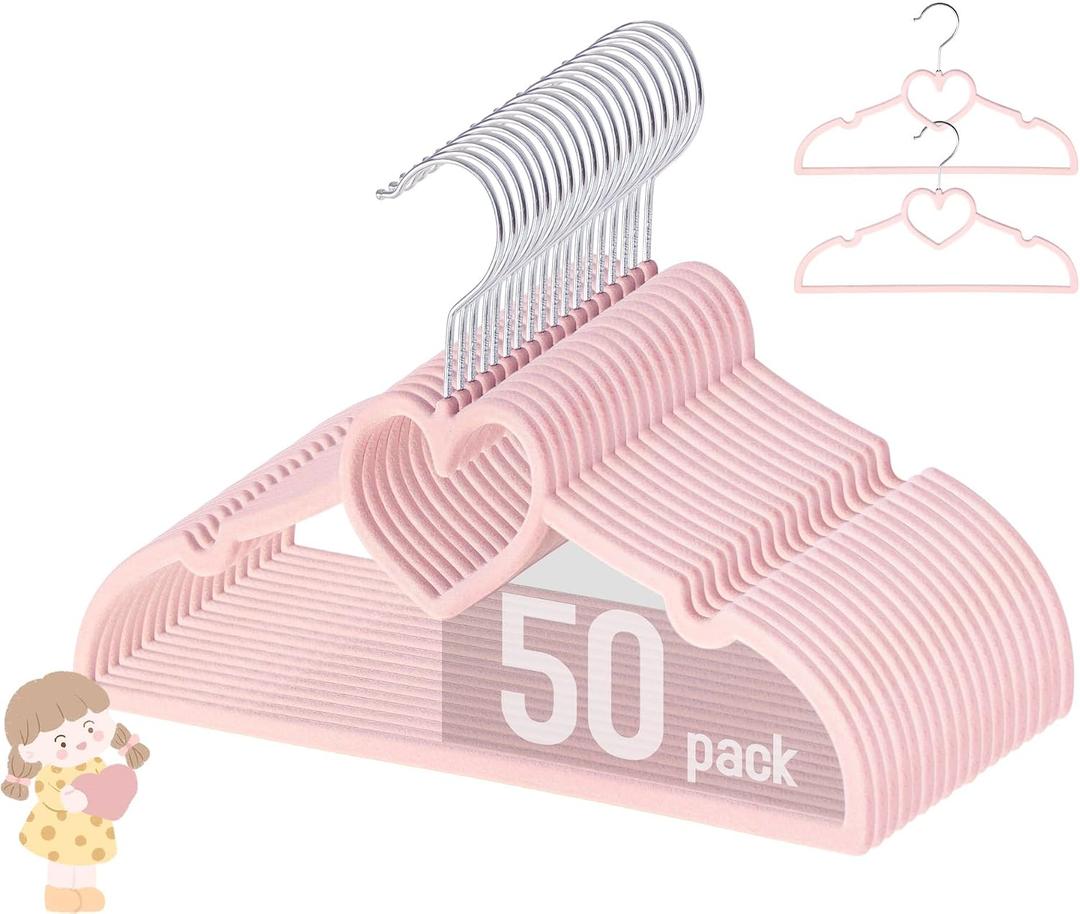 GOSCHE Kids Velvet Hangers (12.8 Inch - 50 Pack), Non-Slip Baby Clothes Hangers for Closet, Ultra Slim Space Saving Children Hanger, 360Degree Swivel-Hook, Infant/Toddler Hangers, Dark Pink