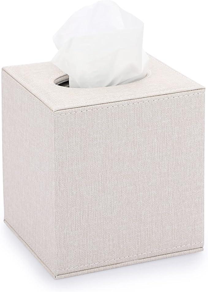 Sumnacon Square Linen Tissue Box Cover - Stylish Cube Tissue Box Holder with Magnetic Bottom, Decorative Tissue Box for Vanity Toilet Tank Dresser Night Stand Table Countertop Office Car, Beige