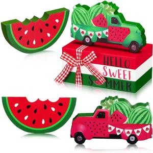 Yalikop 5 Pcs Watermelon Table Decor Summer Tiered Tray Decor Watermelon Tabletop Centerpiece Red Green Wooden Truck Sign Hello Sweet Summer Book Stack with Twine for Home Kitchen Shelf Office Mantel