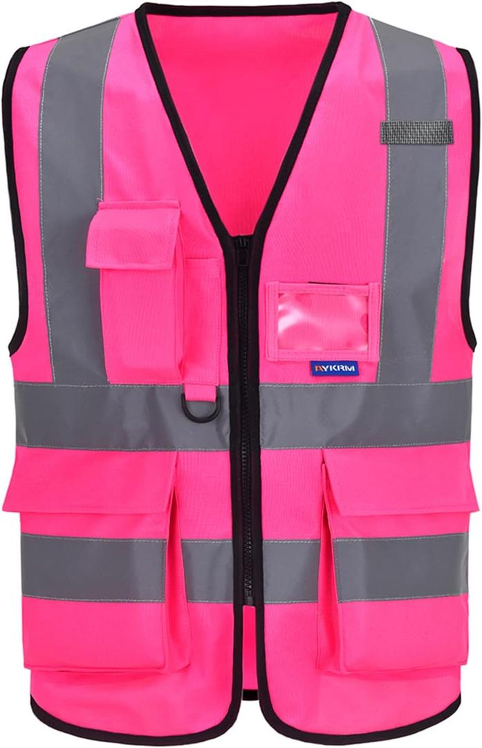 A-SAFETY Pink Safety Vest with Pockets Hi Viz Zipper Front Working Safety Vest with Reflective Strips,Large