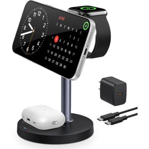 3 in 1 Magnetic Wireless Charging Station, 15W Fast Charger Stand for iPhone, Phone Charger Stand for Desk Nightstand, for iPhone 17/16/15/14/13/12, Apple Watch & AirPods, 18W Adapter Included -Black