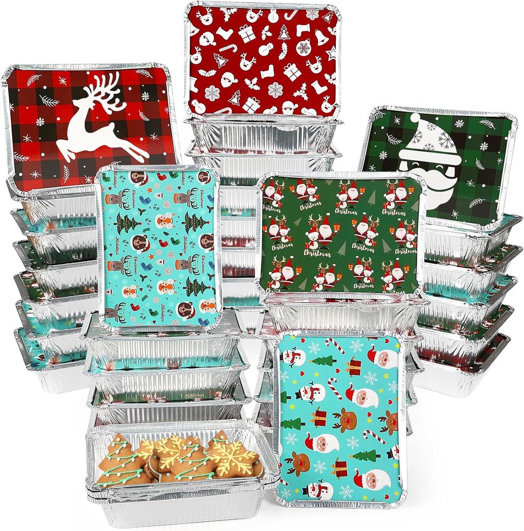 Christmas Cookie Tins with Lids for Gift Giving, 30PCS Aluminum Foil Pans with Lids, Holiday Leftover Containers, Disposable Foil Pans for Baking/Cookie Exchange/Fudge (8.6" x 6.2")