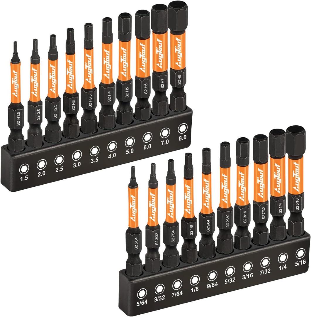 toolant Impact Hex Head Allen Wrench Drill Bit Set 20pcs (Metric&SAE), 1/4 Hex-Shank S2 Steel Hex Bits Set, CNC Machined Tips with Magnetism, 2 Long with Storage Box