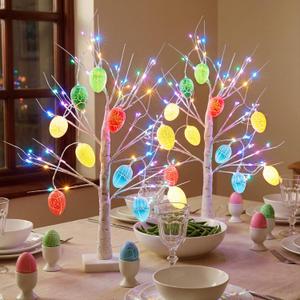 VIHOSE 4 Pcs Easter Decoration 2ft LED Lighted Birch Tree & 2 String of LED Easter Eggs, 3 Aa or USB Powered, Tabletop Spring Decor for Home Mantel Indoor Office Bedroom