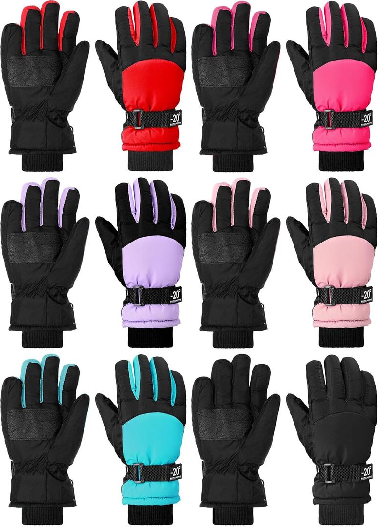 Bencailor 6 Pairs Kids Winter Gloves Waterproof Ski Glove Boy Girl Warm Snow Snowboard Mittens for Cold Unisex (3-6 Years, Light Purple, Blue,Light Pink, Rose Red, Red, Black)