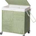 WOWLIVE Double Laundry Hamper with Lid, Handwoven Rolling Laundry Basket with Wheels, 115L Dirty Clothes Hamper with Removable Liner Bag Large Capacity Laundry Sorter Laundry Room Organization,Green