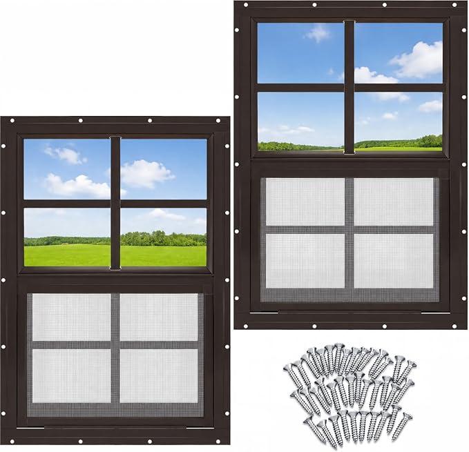 Tandefio 2 Pack Shed Window, Chicken Coop Small Windows 12" x 18" Brown Flush Mount with Tempered Glass and Screen Sliding Windows with Vertical Slider and Screws for Household Sheds Barns Garage