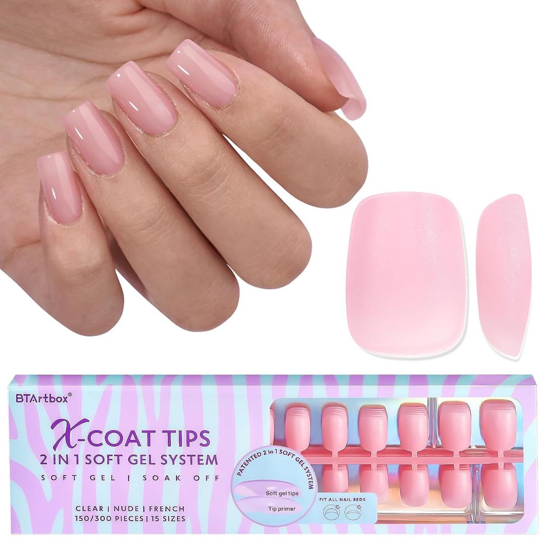 BTArtbox XCOATTIPS Natural Nail Tips - Short Square Press On Nails Pink, Long Lasting Soft Gel Nails False Nail, Soak Off Acrylic Fake Nails Extensions for Nail Art DIY Women