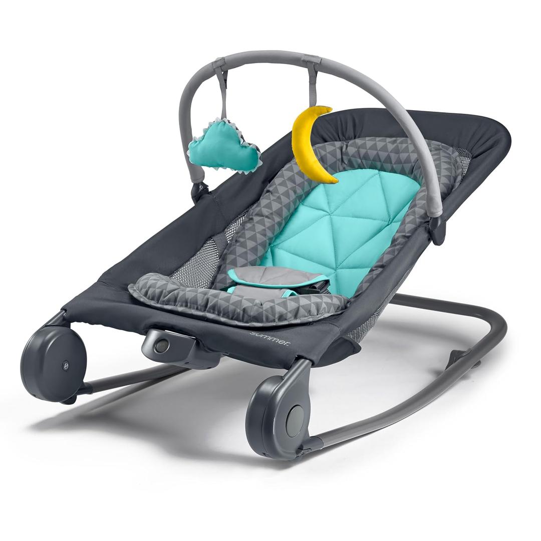 Summer Infant 2-in-1 Bouncer & Rocker Duo (Gray and Teal) Convenient and Portable Rocker and Bouncer for Babies Includes Soft Toys and Soothing Vibrations