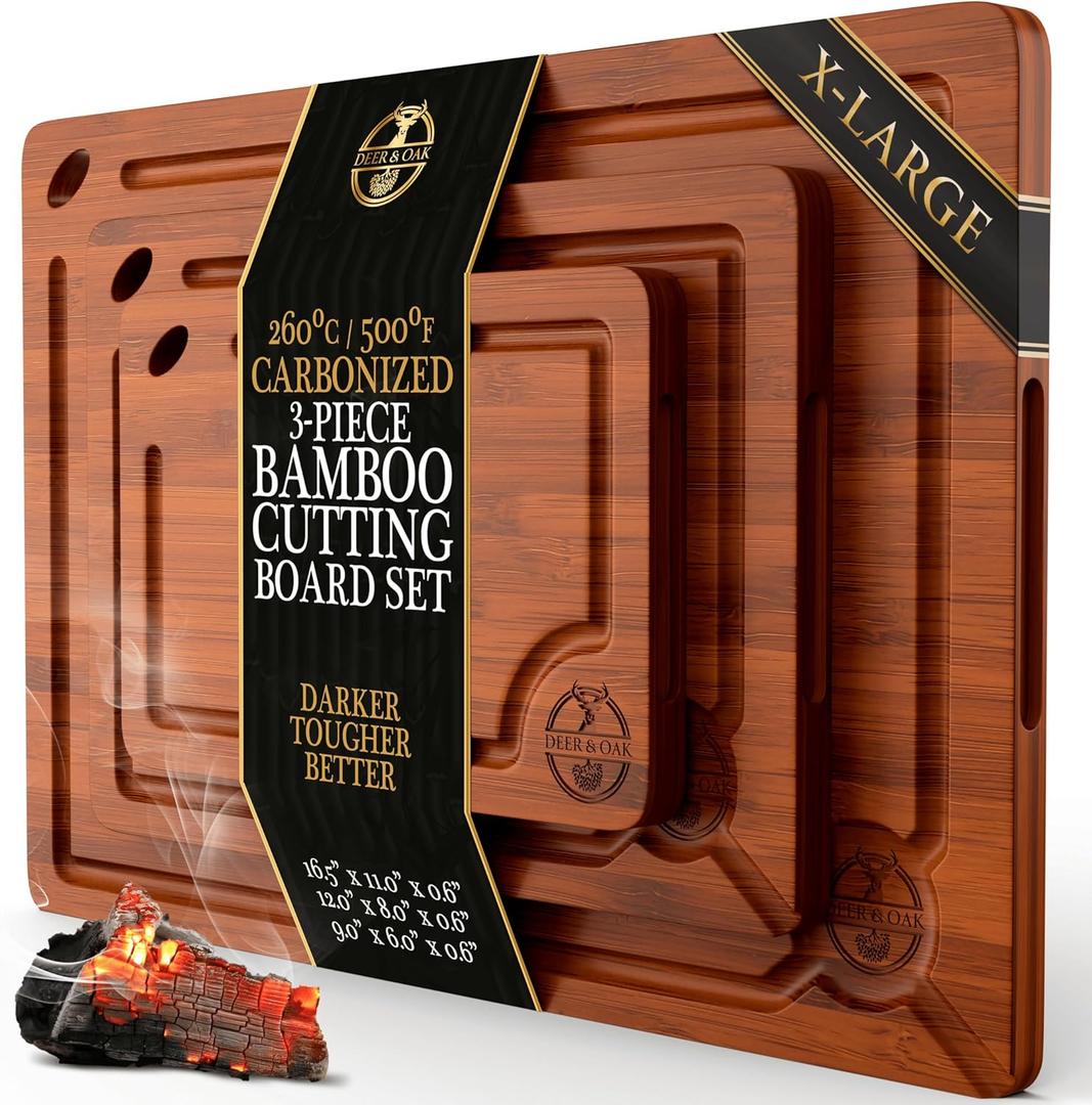 Pre-Oiled, Non Toxic 3-Piece Carbonized Bamboo Cutting Board Set, Eco-Friendly Wooden Chopping Boards for Kitchen with Hanging Hole, 500F Carbonized Technology Charcuterie Serving Boards Deer & Oak