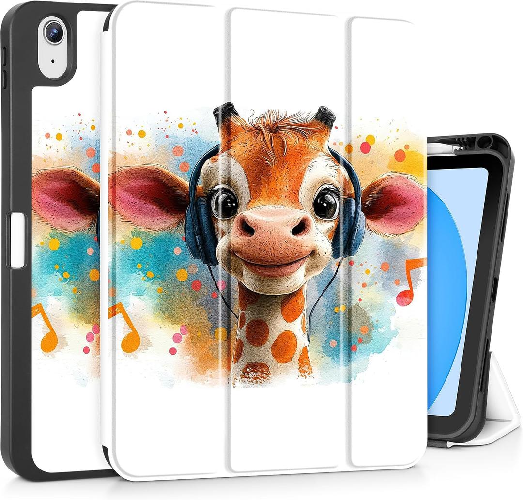 Mektron Case for iPad (A16) 11th Generation 11-inch 2025 Fit iPad 10th Gen 10.9 inch 2022, Tablet Cover with Trifold Stand + Pencil Holder + Auto Wake/Sleep + TPU Back Cover, Cute Giraffe