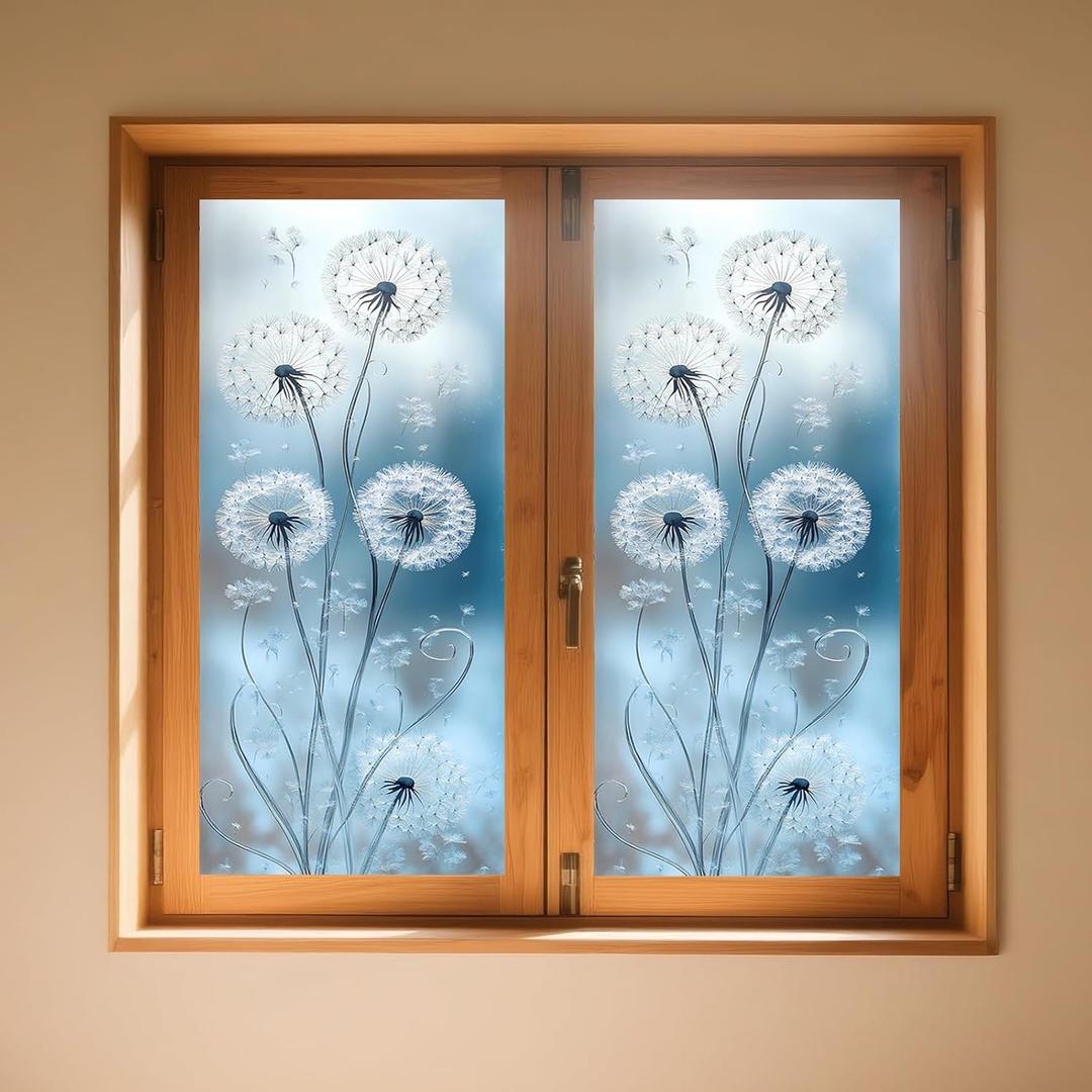 2 x IVN Privacy Window Film Stained Glass Window Cling White Dandelion Design Decorative Static Cling Glass Film for Bathroom Kitchen Door Panel 17.7 x 39.3 Inch