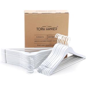 TOPIA HANGER All White Wooden Hangers, Solid Wood Suit Hangers with Extra Thick Hook and Non Slip Pants Bar, Heavy Duty Coat Hangers with Notches, Bridal Hangers for Shirts 16 Pack -CT01W