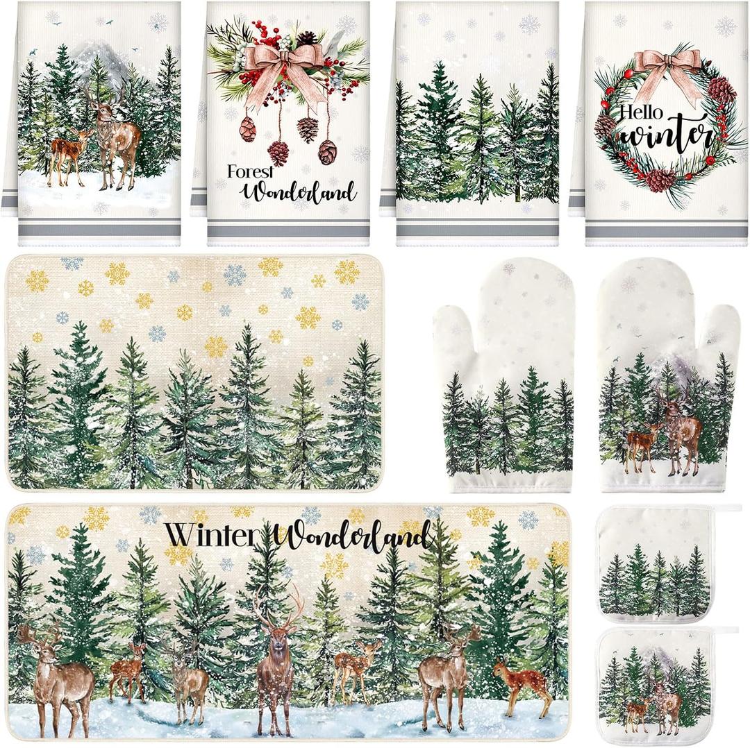 10 Pcs Winter Kitchen Decor Set Kitchen Towels and Rugs Oven Mitts Pot Holders Absorbent Towels for Baking Cooking BBQ Home Winter Decor (Khaki)